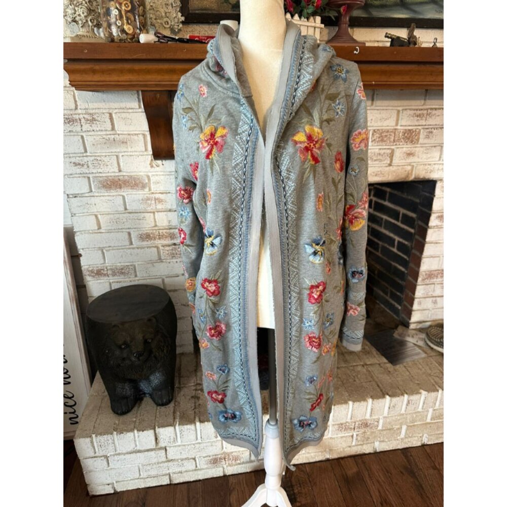 DRIFTWOOD Gray Embroidered Floral Hooded open Cardigan NWT